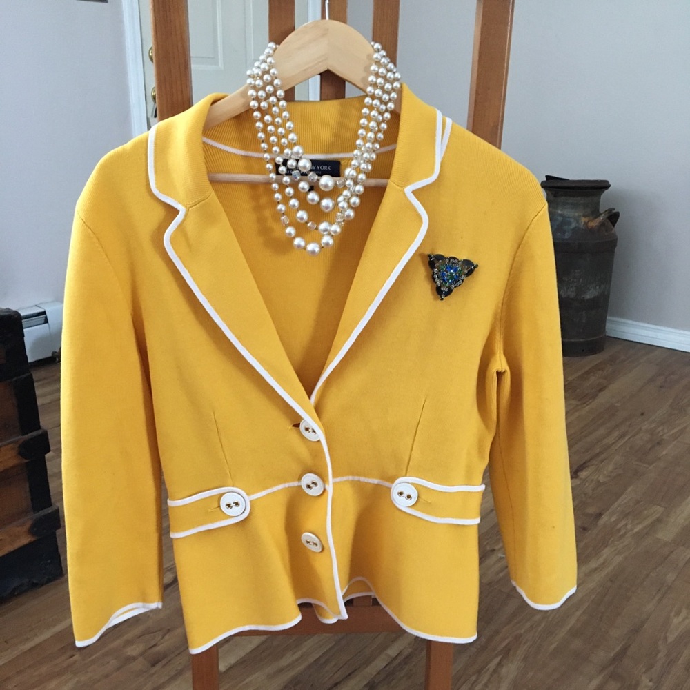 Jones New York Yellow Cardigan with White Trim